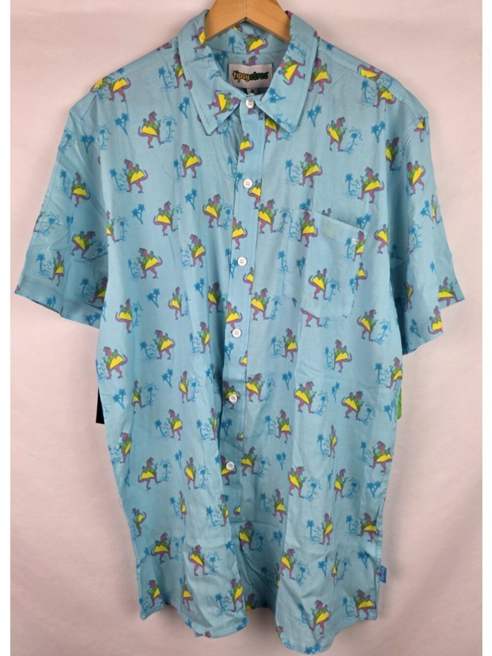 Tipsy Elves Men's Shirt Size XL Blue Dinosaur Taco Hawaiian Button Down Top